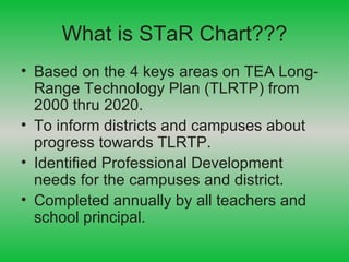 What is STaR Chart??? Based on the 4 keys areas on TEA Long-Range Technology Plan (TLRTP) from 2000 thru 2020. To inform districts and campuses about progress towards TLRTP. Identified Professional Development needs for the campuses and district. Completed annually by all teachers and school principal. 
