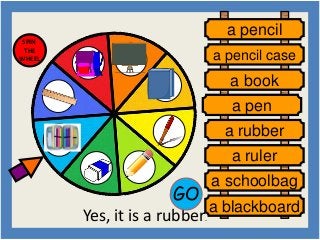 GO 
Yes, it is a rubber. 
SPIN 
THE 
WHEEL 
a pencil 
a pencil case 
a book 
a pen 
a rubber 
a ruler 
a schoolbag 
a blackboard 
 