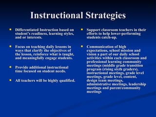 Instructional Strategies Differentiated Instruction based on student’s readiness, learning styles, and or interests. Focus on teaching daily lessons in ways that clarify the objectives of the lesson, reinforce what is taught, and meaningfully engage students.  Provide additional instructional time focused on student needs. All teachers will be highly qualified.  Support classroom teachers in their efforts to help lower-performing students catch-up.  Communication of high expectations, school mission and vision a part of our daily school activities within each classroom and professional learning community meetings (middle grade transition program (rising sixth graders), instructional meetings, grade level meetings, grade level, content, design team meetings, administrative meetings, leadership meetings and parent/community meetings 