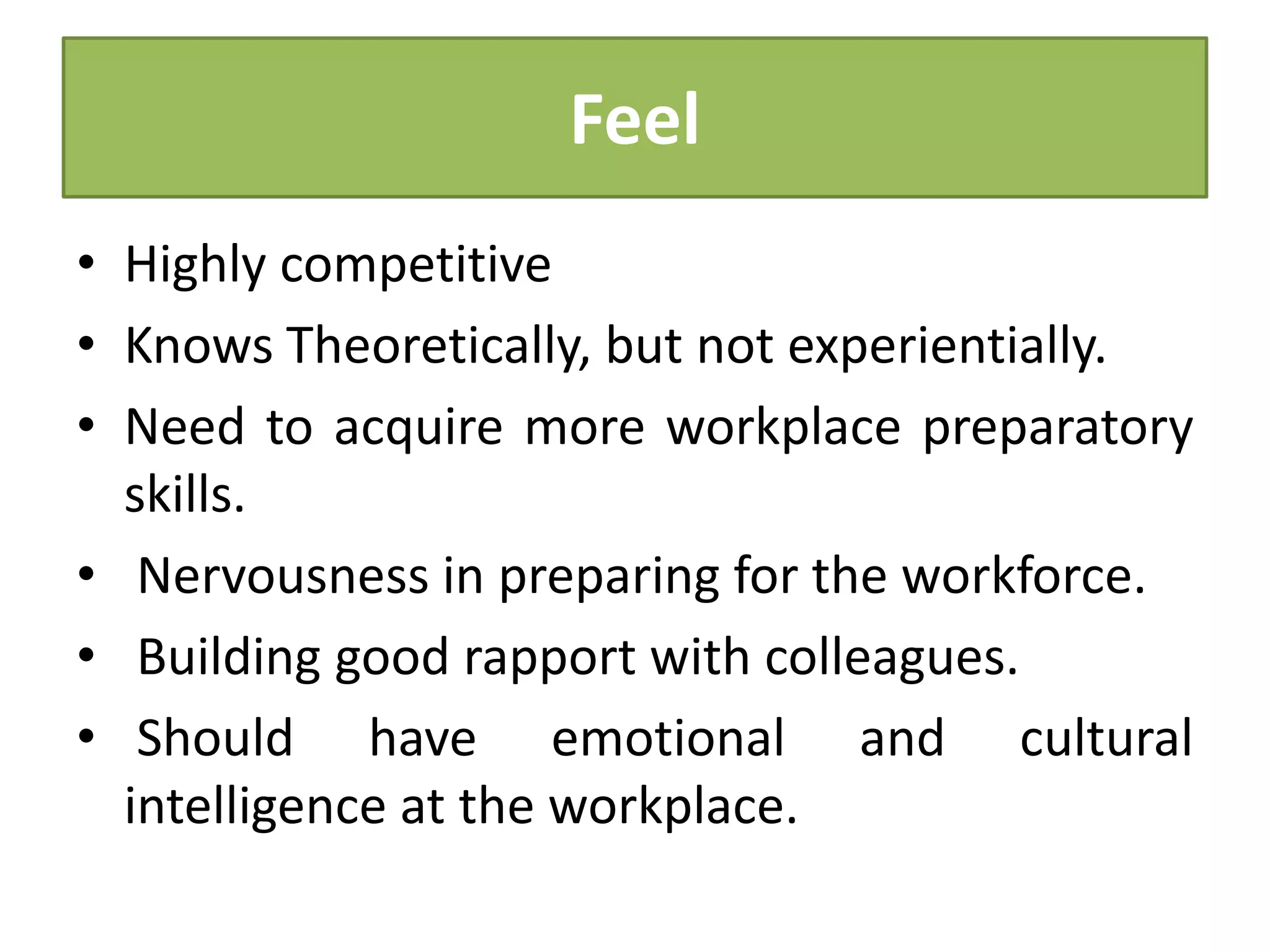 Feel
• Highly competitive
• Knows Theoretically, but not experientially.
• Need to acquire more workplace preparatory
skills.
• Nervousness in preparing for the workforce.
• Building good rapport with colleagues.
• Should have emotional and cultural
intelligence at the workplace.
 