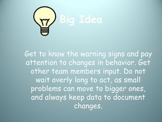 Big Idea


Get to know the warning signs and pay
attention to changes in behavior. Get
 other team members input. Do not
   wait overly long to act, as small
 problems can move to bigger ones,
 and always keep data to document
               changes.
 