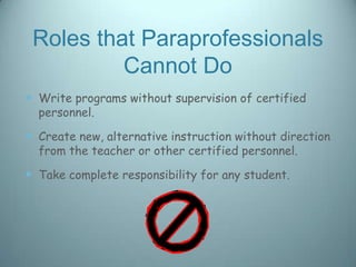 Roles that Paraprofessionals
          Cannot Do
 Write programs without supervision of certified
  personnel.

 Create new, alternative instruction without direction
  from the teacher or other certified personnel.

 Take complete responsibility for any student.
 