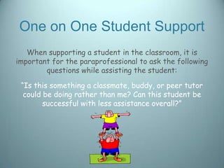 One on One Student Support
   When supporting a student in the classroom, it is
important for the paraprofessional to ask the following
        questions while assisting the student:

 “Is this something a classmate, buddy, or peer tutor
  could be doing rather than me? Can this student be
        successful with less assistance overall?”
 