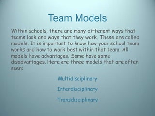 Team Models
Within schools, there are many different ways that
teams look and ways that they work. These are called
models. It is important to know how your school team
works and how to work best within that team. All
models have advantages. Some have some
disadvantages. Here are three models that are often
seen:

                  Multidisciplinary

                  Interdisciplinary

                  Transdisciplinary
 