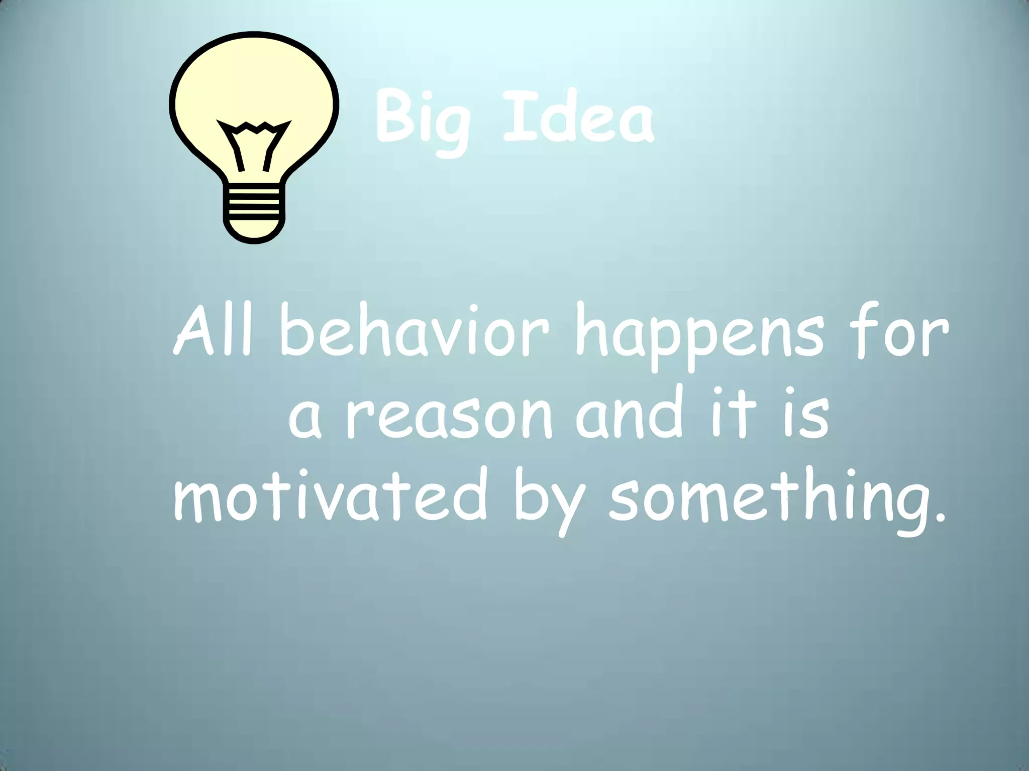 Big Idea


All behavior happens for
    a reason and it is
motivated by something.
 