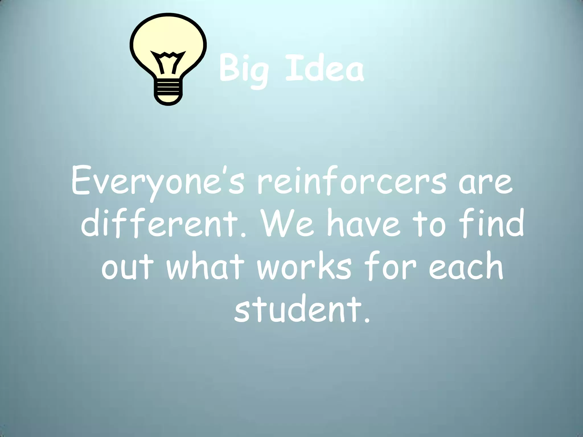 Big Idea


Everyone’s reinforcers are
different. We have to find
 out what works for each
         student.
 