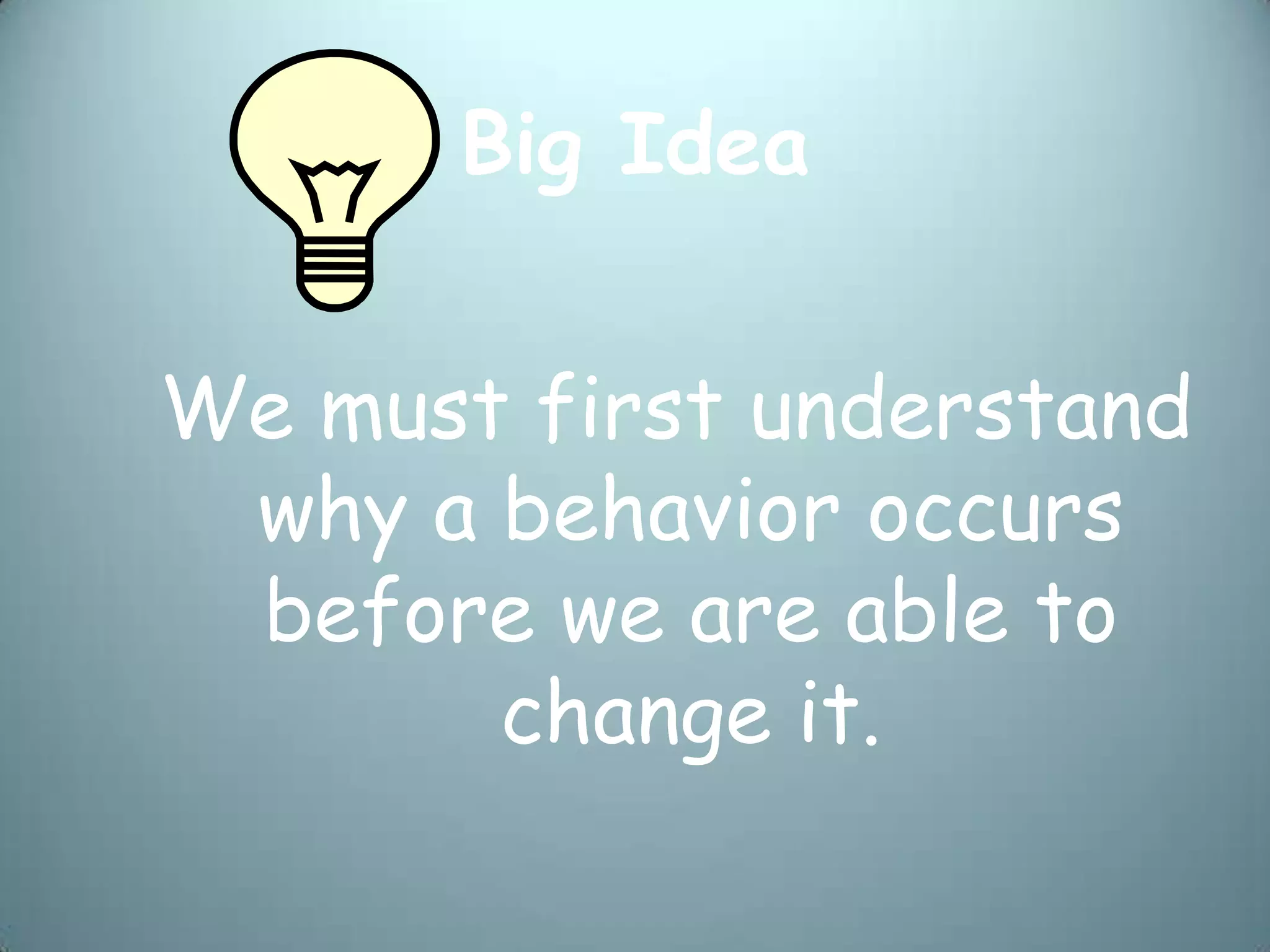 Big Idea


We must first understand
 why a behavior occurs
 before we are able to
       change it.
 