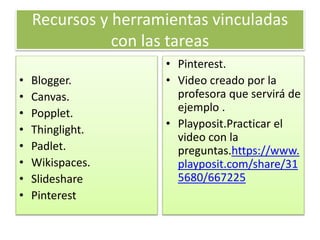 Recursos y herramientas vinculadas
con las tareas
• Blogger.
• Canvas.
• Popplet.
• Thinglight.
• Padlet.
• Wikispaces.
• Slideshare
• Pinterest
• Pinterest.
• Video creado por la
profesora que servirá de
ejemplo .
• Playposit.Practicar el
video con la
preguntas.https://www.
playposit.com/share/31
5680/667225
 