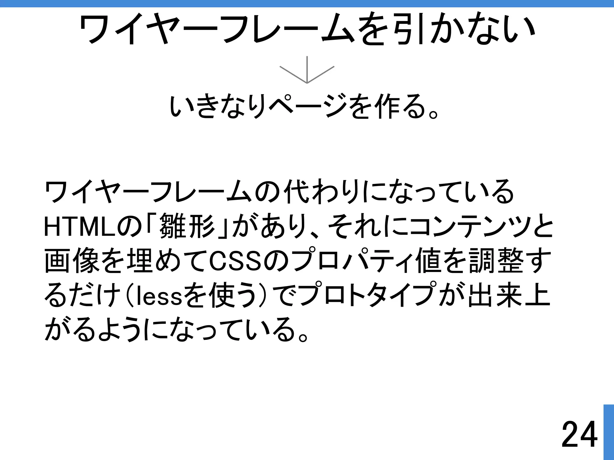 いきなりページを作る。 
24 
ワイヤーフレームを引かない 
ワイヤーフレームの代わりになっている 
HTMLの「雛形」があり、それにコンテンツと 
画像を埋めてCSSのプロパティ値を調整す 
るだけ（lessを使う）でプロトタイプが出来上 
がるようになっている。 
 