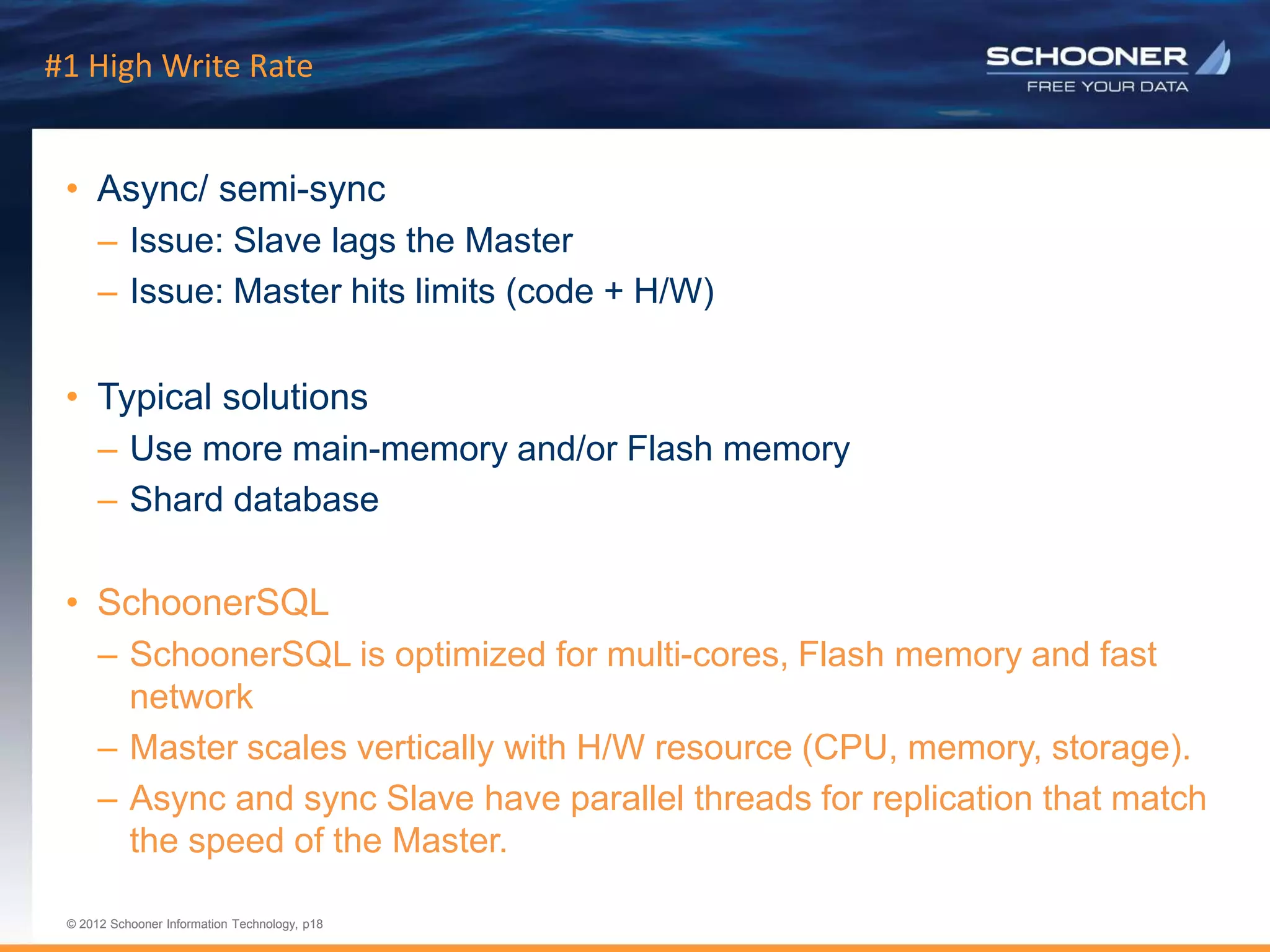 p18 | © 2011 Schooner Information Technology. All rights reserved.
© 2012 Schooner Information Technology, p18
© 2012 Schooner Information Technology, p18
#1 High Write Rate
• Async/ semi-sync
– Issue: Slave lags the Master
– Issue: Master hits limits (code + H/W)
• Typical solutions
– Use more main-memory and/or Flash memory
– Shard database
• SchoonerSQL
– SchoonerSQL is optimized for multi-cores, Flash memory and fast
network
– Master scales vertically with H/W resource (CPU, memory, storage).
– Async and sync Slave have parallel threads for replication that match
the speed of the Master.
 