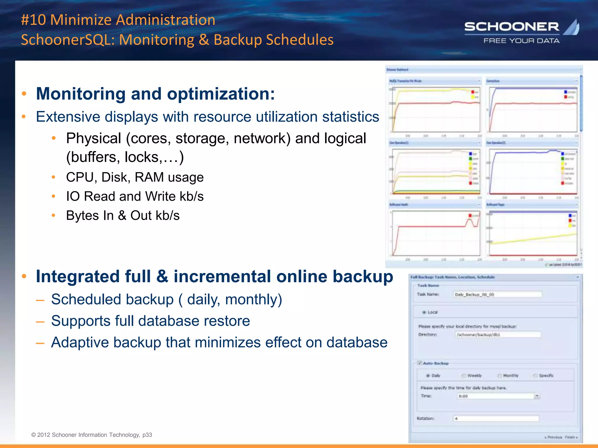 p33 | © 2011 Schooner Information Technology. All rights reserved.
© 2012 Schooner Information Technology, p33
© 2012 Schooner Information Technology, p33
#10 Minimize Administration
SchoonerSQL: Monitoring & Backup Schedules
• Monitoring and optimization:
• Extensive displays with resource utilization statistics
• Physical (cores, storage, network) and logical
(buffers, locks,…)
• CPU, Disk, RAM usage
• IO Read and Write kb/s
• Bytes In & Out kb/s
• Integrated full & incremental online backup
– Scheduled backup ( daily, monthly)
– Supports full database restore
– Adaptive backup that minimizes effect on database
 