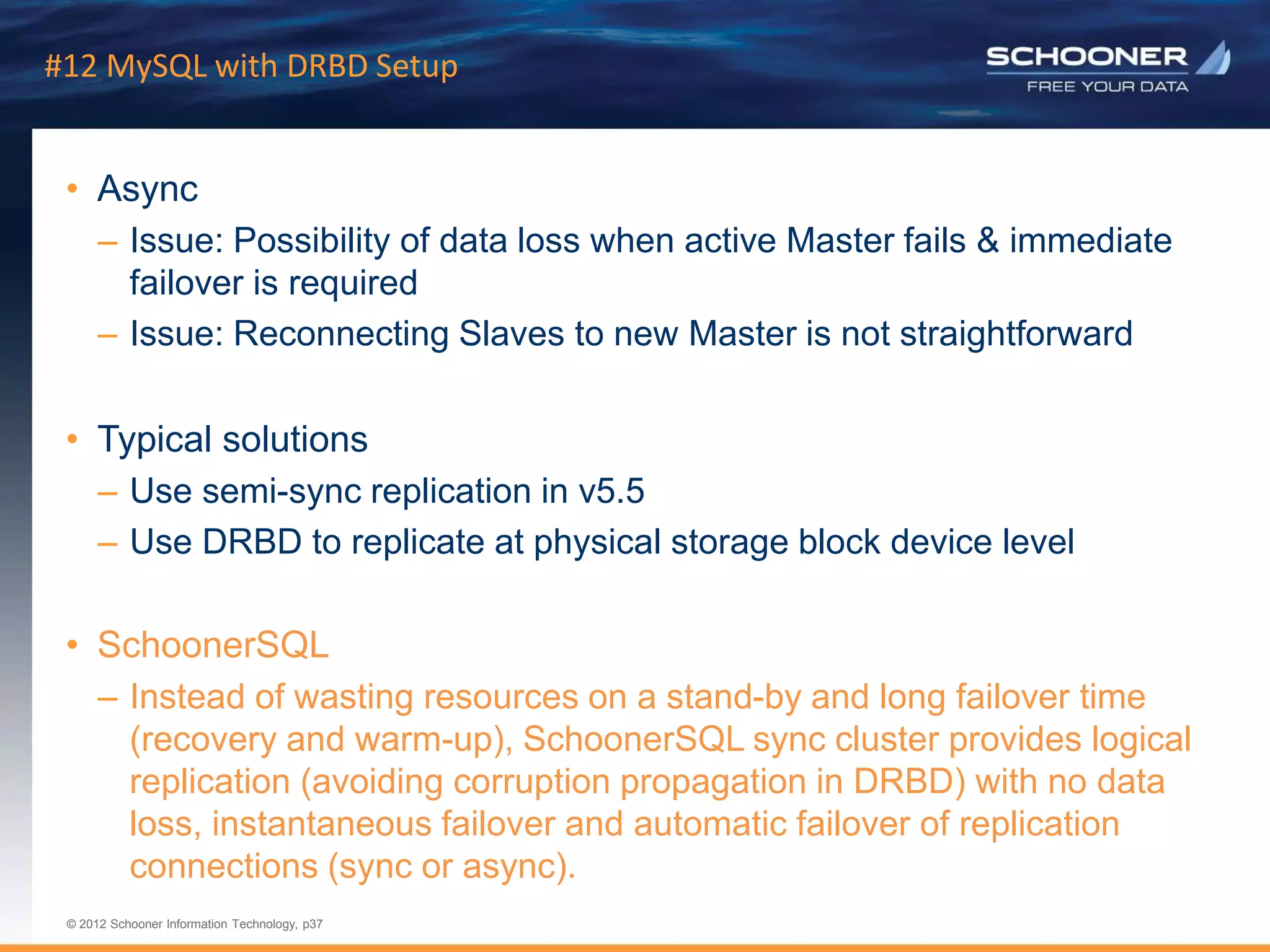 p37 | © 2011 Schooner Information Technology. All rights reserved.
© 2012 Schooner Information Technology, p37
© 2012 Schooner Information Technology, p37
#12 MySQL with DRBD Setup
• Async
– Issue: Possibility of data loss when active Master fails & immediate
failover is required
– Issue: Reconnecting Slaves to new Master is not straightforward
• Typical solutions
– Use semi-sync replication in v5.5
– Use DRBD to replicate at physical storage block device level
• SchoonerSQL
– Instead of wasting resources on a stand-by and long failover time
(recovery and warm-up), SchoonerSQL sync cluster provides logical
replication (avoiding corruption propagation in DRBD) with no data
loss, instantaneous failover and automatic failover of replication
connections (sync or async).
 
