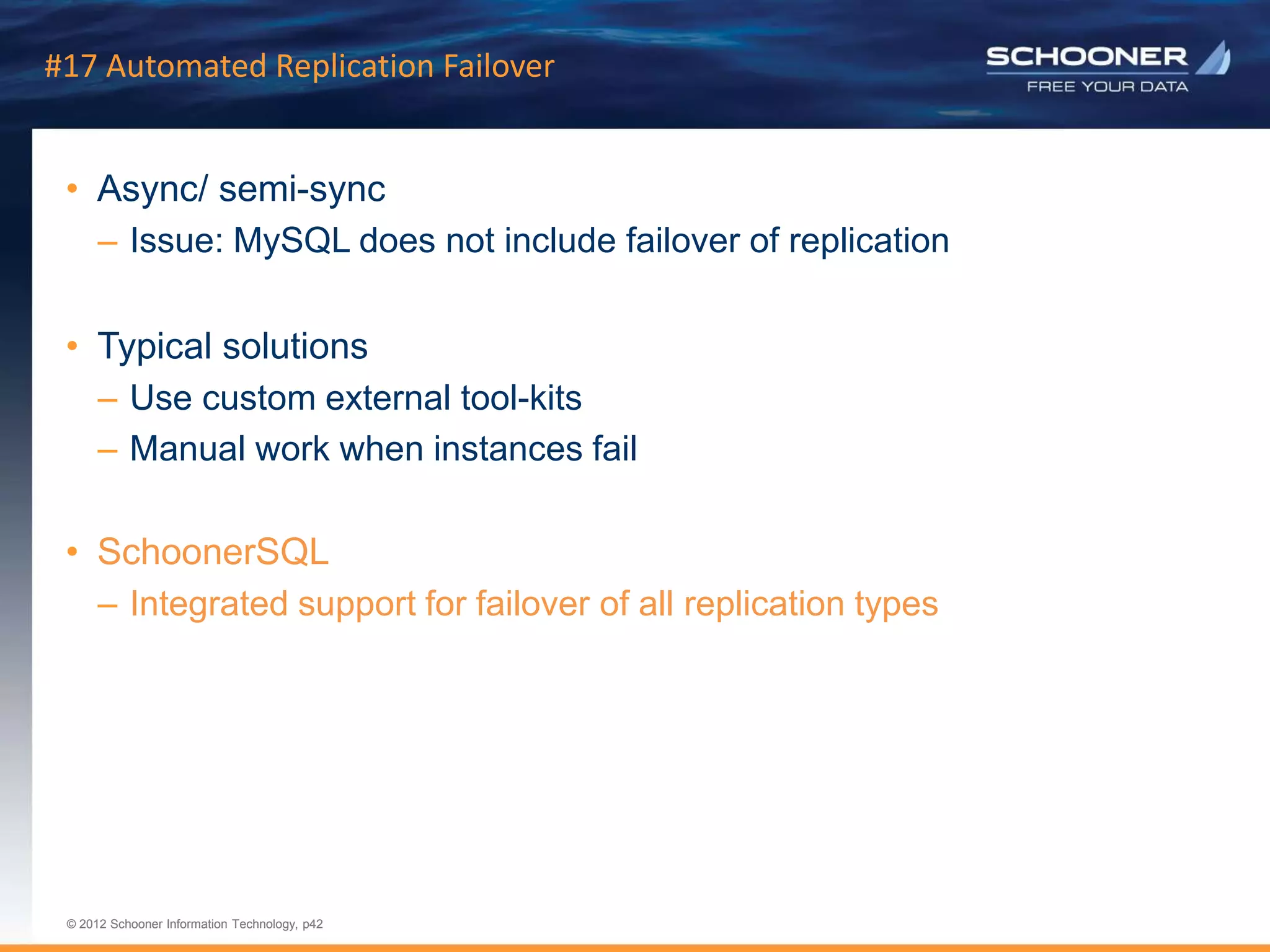 p42 | © 2011 Schooner Information Technology. All rights reserved.
© 2012 Schooner Information Technology, p42
© 2012 Schooner Information Technology, p42
#17 Automated Replication Failover
• Async/ semi-sync
– Issue: MySQL does not include failover of replication
• Typical solutions
– Use custom external tool-kits
– Manual work when instances fail
• SchoonerSQL
– Integrated support for failover of all replication types
 