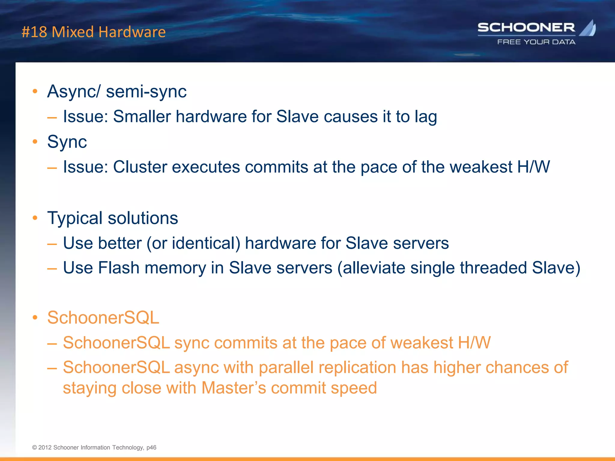 p46 | © 2011 Schooner Information Technology. All rights reserved.
© 2012 Schooner Information Technology, p46
© 2012 Schooner Information Technology, p46
#18 Mixed Hardware
• Async/ semi-sync
– Issue: Smaller hardware for Slave causes it to lag
• Sync
– Issue: Cluster executes commits at the pace of the weakest H/W
• Typical solutions
– Use better (or identical) hardware for Slave servers
– Use Flash memory in Slave servers (alleviate single threaded Slave)
• SchoonerSQL
– SchoonerSQL sync commits at the pace of weakest H/W
– SchoonerSQL async with parallel replication has higher chances of
staying close with Master’s commit speed
 