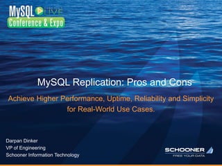 MySQL Replication: Pros and Cons
Achieve Higher Performance, Uptime, Reliability and Simplicity
for Real-World Use Cases.
Darpan Dinker
VP of Engineering
Schooner Information Technology
 