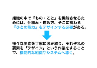 組織の中で『もの・こと』を機能させるた
めには、仕組み・進め方、そこに携わる
『ひとの能力』をデザインする必要がある。



様々な要素を丁寧に み取り、それぞれの
要素を「デザイン」という作業をすること
で、機能的な組織やシステムへ導く。
 
