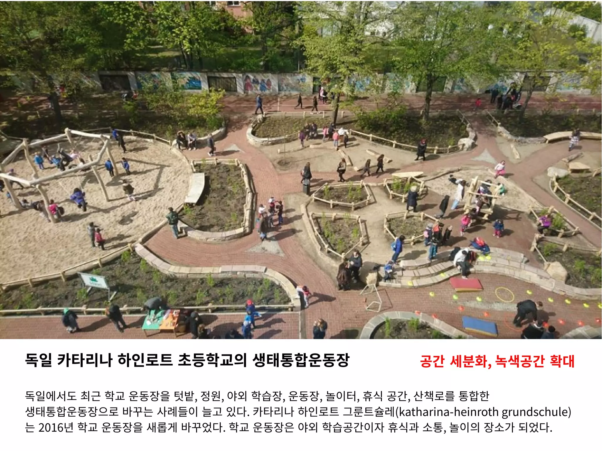 독일 카타리나 하인로트 초등학교의 생태통합운동장
독일에서도 최근 학교 운동장을 텃밭, 정원, 야외 학습장, 운동장, 놀이터, 휴식 공간, 산책로를 통합한
생태통합운동장으로 바꾸는 사례들이 늘고 있다. 카타리나 하인로트 그룬트슐레(katharina-heinroth grundschule)
는 2016년 학교 운동장을 새롭게 바꾸었다. 학교 운동장은 야외 학습공간이자 휴식과 소통, 놀이의 장소가 되었다.
공간 세분화, 녹색공간 확대
 