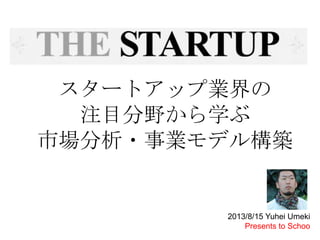 スタートアップ業界の
注目分野から学ぶ
市場分析・事業モデル構築
2013/8/15 Yuhei Umeki
Presents to Schoo
 