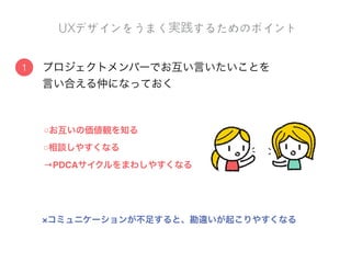 自ら体験すると同時に第三者視点でもユーザーの本質的ニーズを
追求できる
コトづくりの⽅方法の利利点と課題
→未知のニーズ発見に繋がる
→チームメンバー同士で共通認識を持てる（チームビルディング）
作文などからお互いの価値観を深く知る
利点
♪
自ら体験 第三者視点
 