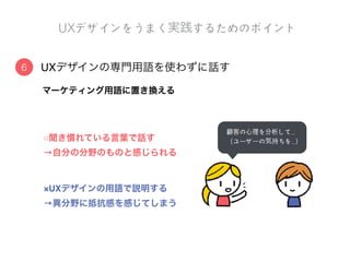 ユーザー視点で考えることの重要性が社内で広まりつつある
デザイン思考導入の利利点と課題
実案件で導入してみる人が増えつつある
成功事例が少しずつ増えつつある
利点
ユーザーに聞いてみて
よかった！
 