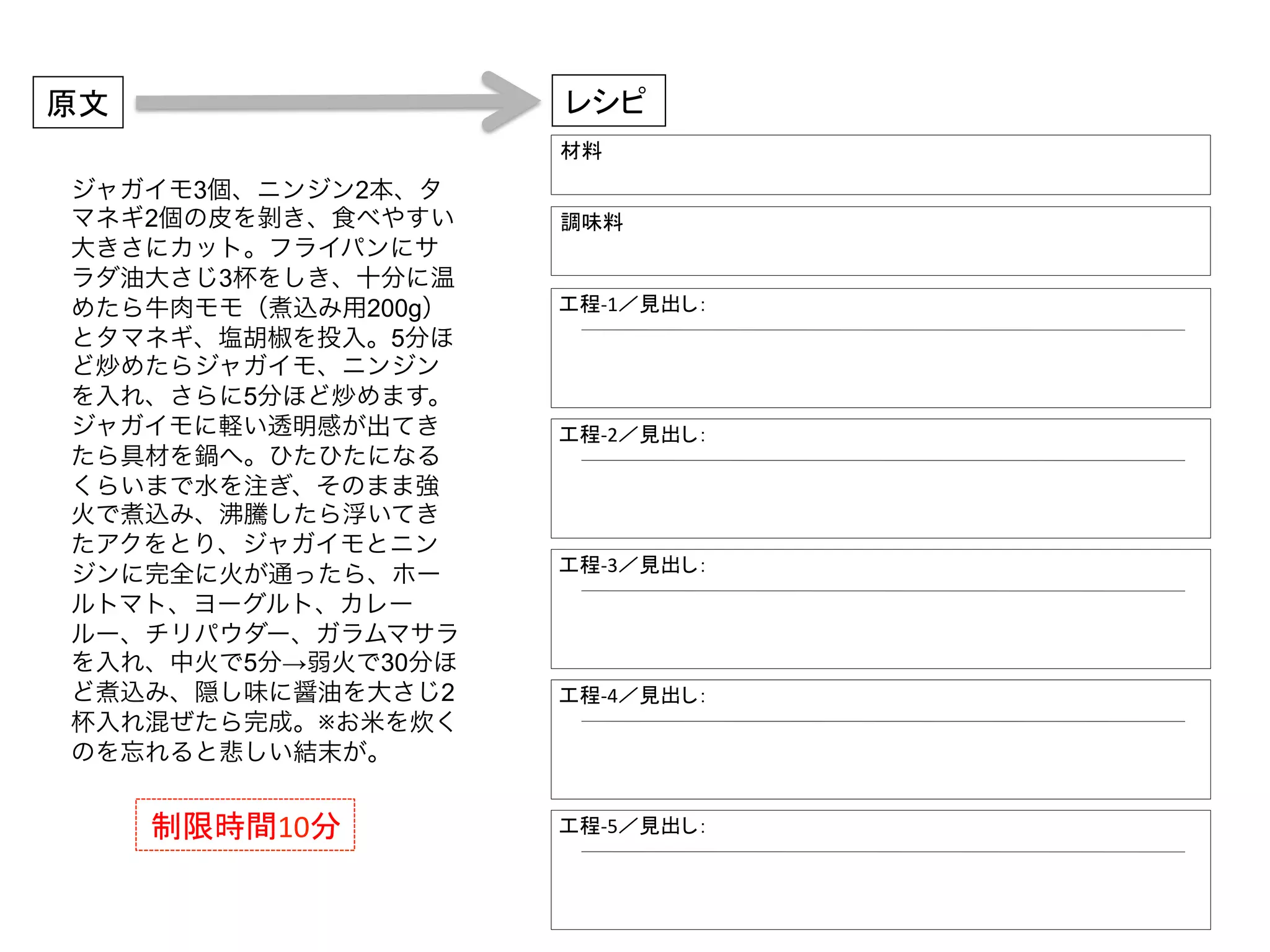 原文	
 レシピ	
材料	
  
	
  
調味料	
  
工程-­‐1／見出し：	
  
工程-­‐2／見出し：	
  
工程-­‐3／見出し：	
  
工程-­‐4／見出し：	
  
工程-­‐5／見出し：	
  
ジャガイモ3個、ニンジン2本、タ
マネギ2個の皮を剝き、食べやすい
大きさにカット。フライパンにサ
ラダ油大さじ3杯をしき、十分に温
めたら牛肉モモ（煮込み用200g）
とタマネギ、塩胡椒を投入。5分ほ
ど炒めたらジャガイモ、ニンジン
を入れ、さらに5分ほど炒めます。
ジャガイモに軽い透明感が出てき
たら具材を鍋へ。ひたひたになる
くらいまで水を注ぎ、そのまま強
火で煮込み、沸騰したら浮いてき
たアクをとり、ジャガイモとニン
ジンに完全に火が通ったら、ホー
ルトマト、ヨーグルト、カレー
ルー、チリパウダー、ガラムマサラ
を入れ、中火で5分→弱火で30分ほ
ど煮込み、隠し味に醤油を大さじ2
杯入れ混ぜたら完成。※お米を炊く
のを忘れると悲しい結末が。
制限時間10分	
  
 