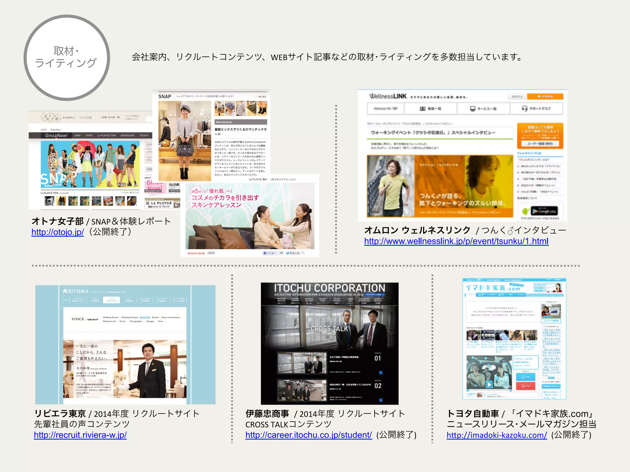 会社案内、リクルートコンテンツ、WEBサイト記事などの取材･ライティングを多数担当しています。
伊藤忠商事 /	
  2014年度 リクルートサイト	
  
CROSS	
  TALKコンテンツ	
  
http://career.itochu.co.jp/student/ 	
  (公開終了)
リビエラ東京 /	
  2014年度 リクルートサイト	
  
先輩社員の声コンテンツ	
  
http://recruit.riviera-w.jp/	
  
	
  
オトナ女子部 /	
  SNAP＆体験レポート	
  
http://otojo.jp/（公開終了）
取材･
ライティング
オムロン ウェルネスリンク /	
  つんく♂インタビュー	
  
http://www.wellnesslink.jp/p/event/tsunku/1.html	
  
トヨタ自動車 /	
  「イマドキ家族.com」
ニュースリリース･メールマガジン担当	
  
h@p://imadoki-­‐kazoku.com/	
  	
  (公開終了)
 