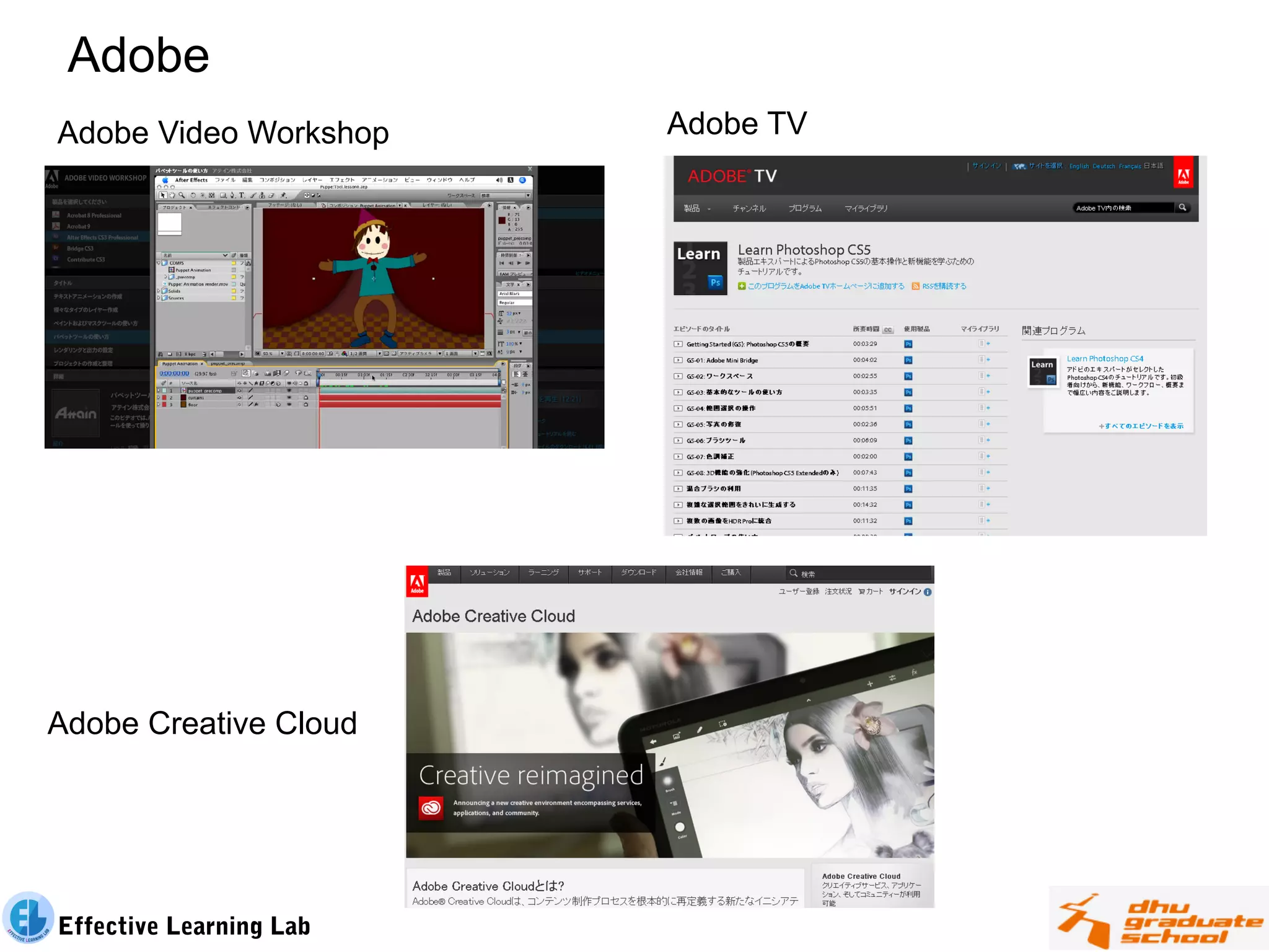 Adobe
Adobe Video Workshop     Adobe TV




Adobe Creative Cloud




Effective Learning Lab
 