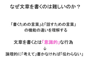 なぜ文章を書くのは難しいのか？	


　　「書くための言葉」と「話すための言葉」	
  
　　　　　　　の機能の違いを理解する　   	
  




	
  
　　　文章を書くとは「意識的」な行為	
  
　　　　　　　　　　　　　　↓	
  
論理的に「考えて」書かなければ「伝わらない」	
 