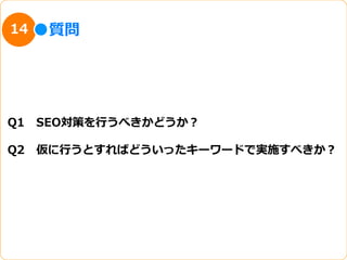 14   質問




Q1 　SEO対策を⾏行行うべきかどうか？

Q2 　仮に⾏行行うとすればどういったキーワードで実施すべきか？
 
