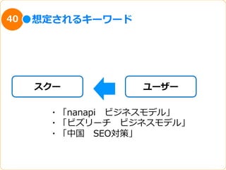 40   想定されるキーワード




     スクー          ユーザー

      ・「nanapi 　ビジネスモデル」
      ・「ビズリーチ 　ビジネスモデル」
      ・「中国 　SEO対策」
 