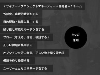 デザイナー＋プロジェクトマネージャー＋開発者＝１チーム

外部化、客観的観測をする

目的駆動・結果に集中する

繰り返し可能なルーチンをする
                        9つの
フロー（考える、作る、検証する ）
                        原則
正しい課題に集中する

オプションを沢山考え、正しい物を早く決める

仮説を作り検証する

ユーザーとともにリサーチをする
 