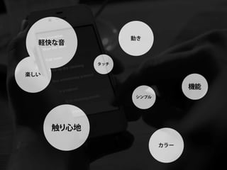 動き
  軽快な音


             タッチ

楽しい

                                機能
                   シンプル




      触り心地

                          カラー
 