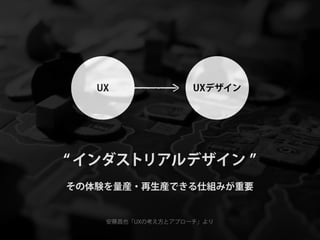 UX               UXデザイン




インダストリアルデザイン
その体験を量産・再生産できる仕組みが重要


    安藤昌也「UXの考え方とアプローチ」より
 