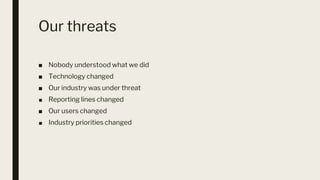 Our threats
■ Nobody understood what we did
■ Technology changed
■ Our industry was under threat
■ Reporting lines changed
■ Our users changed
■ Industry priorities changed
 