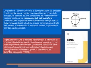 L'equilibrio e i continui processi di compensazione tra processi
di autoregolazione e regolazione interattiva,nel corso dello
sviluppo, fa pensare ad una concezione del funzionamento
psichico oscillante tra meccanismi di estroversione
(corrispondenti al prevalere dell'attività dopaminergica) e di
introversione (legati ad attività di aree cerebrali subordinate
alla volontà e alla coscienza in misura minore, a prevalente
attività noradrenergica) .
“Il prevalere dell'uno o dell'altro nell'individuo è il risultato di
processi di adattamento psichico di natura inconscia in cui
intervengono sia fattori esterni (il carattere particolare delle
interazioni) che disposizioni biologiche(fattori di natura
fisiologica che a noi restano ignoti..)” (rielaborato da
Jung”Tipi psicologici “ 1920)
 