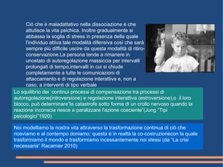 Ciò che è maladattativo nella dissociazione è che
attutisce la vita psichica. Inoltre gradualmente si
abbassa la soglia di stress in presenza della quale
l'individuo attiva tale modalità difensiva così che sarà
sempre più difficile uscire da questa modalità di ritiro-
conservazione.La persona tende a rimanere in
unostato di autoregolazione massiccia per intervalli
prolungati di tempo,intervalli in cui si chiude
completamente a tutte le comunicazioni di
attaccamento e di regolazione interattiva e, non a
caso, a interventi di tipo verbale
Lo squilibrio dei continui processi di compensazione tra processi di
autoregolazione(introversione) e regolazione interattiva (estroversione),o il loro
blocco, può determinare”la catastrofe sotto forma di un crollo nervoso quando la
reazione inconscia riesce a paralizzare l'azione cosciente”(Jung “Tipi
psicologici”1920)
Noi modelliamo la nostra vita attraverso la trasformazione continua di ciò che
riceviamo e al contempo doniamo: questa è in realtà la co-costruzionecon la quale
trasformiamo il mondo e trasformiamo incessantemente noi stessi (da “La crisi
necessaria” Racamier 2010)
 