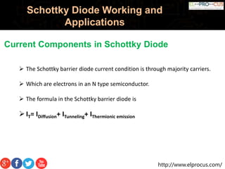 http://www.elprocus.com/
Schottky Diode Working and
Applications
Current Components in Schottky Diode
 The Schottky barrier diode current condition is through majority carriers.
 Which are electrons in an N type semiconductor.
 The formula in the Schottky barrier diode is
IT= IDiffusion+ ITunneling+ IThermionic emission
 