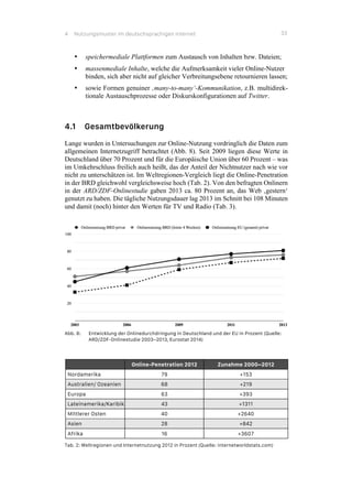4 Nutzungsmuster im deutschsprachigen Internet 33
•! speichermediale Plattformen zum Austausch von Inhalten bzw. Dateien;
•! massenmediale Inhalte, welche die Aufmerksamkeit vieler Online-Nutzer
binden, sich aber nicht auf gleicher Verbreitungsebene retournieren lassen;
•! sowie Formen genuiner ‚many-to-many‘-Kommunikation, z.B. multidirek-
tionale Austauschprozesse oder Diskurskonfigurationen auf Twitter.
4.1 Gesamtbevölkerung
Lange wurden in Untersuchungen zur Online-Nutzung vordringlich die Daten zum
allgemeinen Internetzugriff betrachtet (Abb. 8). Seit 2009 liegen diese Werte in
Deutschland über 70 Prozent und für die Europäische Union über 60 Prozent – was
im Umkehrschluss freilich auch heißt, das der Anteil der Nichtnutzer nach wie vor
nicht zu unterschätzen ist. Im Weltregionen-Vergleich liegt die Online-Penetration
in der BRD gleichwohl vergleichsweise hoch (Tab. 2). Von den befragten Onlinern
in der ARD/ZDF-Onlinestudie gaben 2013 ca. 80 Prozent an, das Web ‚gestern‘
genutzt zu haben. Die tägliche Nutzungsdauer lag 2013 im Schnitt bei 108 Minuten
und damit (noch) hinter den Werten für TV und Radio (Tab. 3).
Abb. 8: Entwicklung der Onlinedurchdringung in Deutschland und der EU in Prozent (Quelle:
ARD/ZDF-Onlinestudie 2003–2013, Eurostat 2014)
Online-Penetration 2012 Zunahme 2000–2012
Nordamerika 79 +153
Australien/ Ozeanien 68 +219
Europa 63 +393
Lateinamerika/Karibik 43 +1311
Mittlerer Osten 40 +2640
Asien 28 +842
Afrika 16 +3607
Tab. 2: Weltregionen und Internetnutzung 2012 in Prozent (Quelle: internetworldstats.com)
 