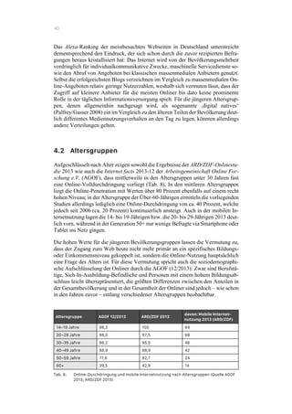 40
Das Alexa-Ranking der meistbesuchten Webseiten in Deutschland unterstreicht
dementsprechend den Eindruck, der sich schon durch die zuvor rezipierten Befra-
gungen heraus kristallisiert hat: Das Internet wird von der Bevölkerungsmehrheit
vordringlich für individualkommunikative Zwecke, maschinelle Servicedienste so-
wie den Abruf von Angeboten bei klassischen massenmedialen Anbietern genutzt.
Selbst die erfolgreichsten Blogs verzeichnen im Vergleich zu massenmedialen On-
line-Angeboten relativ geringe Nutzerzahlen, weshalb sich vermuten lässt, dass der
Zugriff auf kleinere Anbieter für die meisten Onliner bis dato keine prominente
Rolle in der täglichen Informationsversorgung spielt. Für die jüngeren Altersgrup-
pen, denen allgemeinhin nachgesagt wird, als sogenannte ‚digital natives‘
(Palfrey/Gasser 2008) ein im Vergleich zu den älteren Teilen der Bevölkerung deut-
lich differentes Mediennutzungsverhalten an den Tag zu legen, könnten allerdings
andere Verteilungen gelten.
4.2 Altersgruppen
Aufgeschlüsselt nach Alter zeigen sowohl die Ergebnisse der ARD/ZDF-Onlinestu-
die 2013 wie auch die Internet facts 2013-12 der Arbeitsgemeinschaft Online For-
schung e.V. (AGOF), dass mittlerweile in den Altersgruppen unter 30 Jahren fast
eine Online-Volldurchdringung vorliegt (Tab. 8). In den mittleren Altersgruppen
liegt die Online-Penetration mit Werten über 80 Prozent ebenfalls auf einem recht
hohen Niveau; in der Altersgruppe der Über-60-Jährigen ermitteln die vorliegenden
Studien allerdings lediglich eine Online-Durchdringung von ca. 40 Prozent, welche
jedoch seit 2006 (ca. 20 Prozent) kontinuierlich ansteigt. Auch in der mobilen In-
ternetnutzung lagen die 14- bis 19-Jährigen bzw. die 20- bis 29-Jährigen 2013 deut-
lich vorn, während in der Generation 50+ nur wenige Befragte via Smartphone oder
Tablet ins Netz gingen.
Die hohen Werte für die jüngeren Bevölkerungsgruppen lassen die Vermutung zu,
dass der Zugang zum Web heute nicht mehr primär an ein spezifisches Bildungs-
oder Einkommensniveau gekoppelt ist, sondern die Online-Nutzung hauptsächlich
eine Frage des Alters ist. Für diese Vermutung spricht auch die soziodemographi-
sche Aufschlüsselung der Onliner durch die AGOF (12/2013): Zwar sind Berufstä-
tige, Sich-In-Ausbildung-Befindliche und Personen mit einem hohem Bildungsab-
schluss leicht überrepräsentiert, die größten Differenzen zwischen den Anteilen in
der Gesamtbevölkerung und in der Gesamtheit der Onliner sind jedoch – wie schon
in den Jahren zuvor – entlang verschiedener Altersgruppen beobachtbar.
Altersgruppe AGOF 12/2013 ARD/ZDF 2013
davon: Mobile Internet-
nutzung 2013 (ARD/ZDF)
14–19 Jahre 98,3 100 64
20–29 Jahre 98,0 97,5 68
30–39 Jahre 96,2 95,5 46
40–49 Jahre 88,9 88,9 42
50–59 Jahre 77,6 82,7 24
60+ 39,5 42,9 14
Tab. 8: Online-Durchdringung und mobile Internetnutzung nach Altersgruppen (Quelle AGOF
2013; ARD/ZDF 2013)
 