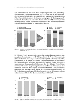 4 Nutzungsmuster im deutschsprachigen Internet 43
Von den Internetusern mit einem Profil auf privat genutzten Social-Networking-
Plattformen wie Facebook verwendeten 2013 75 Prozent der 14- bis 29-Jährigen,
aber nur knapp 50 Prozent der 30- bis 49-Jährigen das jeweilige Netzwerk täglich
(Abb. 14), wobei insbesondere die jüngeren Altersgruppen für den Zugang zuneh-
mend auch Mobile Devices verwenden. Sofern mithin Social-Networking-Dienste
überhaupt genutzt werden, liegt die Nutzungsfrequenz über alle Altersgruppen hin-
weg mehrheitlich mindestens im wöchentlichen Bereich.
Abb. 14: Nutzung und Nutzungsfrequenz von Social-Networking-Diensten 2013 (Datenquelle:
Busemann 2013)
Im Falle von Twitter zeigt sich indes neben einer generell kaum verbreiteten Nut-
zung, dass selbst unter den 14-bis 29-Jährigen, die sich als Twitter-Nutzer einstufen
(2013: 14 Prozent), nur wenige den Dienst täglich (2013: 9 Prozent) verwenden,
während mehr als 50 Prozent nach eigener Einschätzung weniger als eine monatli-
che Nutzungsfrequenz aufweisen. Busemann (2013) kommt entlang ihrer empiri-
schen Analysen überdies zu dem Schluss, dass über die Hälfte der Twitter-Nutzer
im letzten Jahr passive Rezipienten geblieben sind und nur ca. 20 Prozent der User
mindestens einmal im Monat eigene Tweets abgesetzt haben. Dazu passt die Be-
obachtung, dass 2012 zwei Drittel der 14- bis 29-Jährigen und 80 Prozent der 30-
bis 49-Jährigen weniger bis gar nicht daran interessiert waren, Beiträge zu verfassen
und online zu veröffentlichen (Busemann/Gscheidle 2012: 387).
Abb. 15: Nutzung und Nutzungsfrequenz von Twitter 2013 (Datenquelle: Busemann 2013)
 