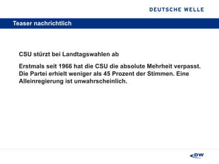 Teaser nachrichtlich CSU stürzt bei Landtagswahlen ab Erstmals seit 1966 hat die CSU die absolute Mehrheit verpasst. Die Partei erhielt weniger als 45 Prozent der Stimmen. Eine Alleinregierung ist unwahrscheinlich.   