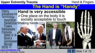 History
Indications
Terminology
Hand/Wrist
Radial/Ulnar
Fingers
Radiographs
Fractures
Mallet
Boxer’s
Gamekeeper
Bennett
WOW
© 2013 Ken L Schreibman, PhD/MD
www.schreibman.info
Upper Extremity Trauma Hand & Fingers
S B
A B
F
Slide 1 of 72
The Hand is “Handy”
Hand is very accessible
One place on the body it is
socially acceptable to touch
Begin-Carter-Sadat
Shaking hands... Holding hands...
Bush-Abdullah
 