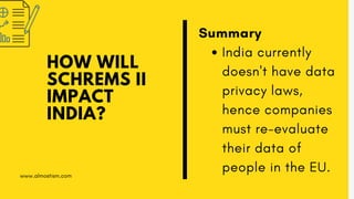 HOW WILL
SCHREMS II
IMPACT
INDIA?
India currently
doesn't have data
privacy laws,
hence companies
must re-evaluate
their d...