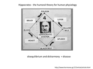 http://www.hormones.gr/17/article/article.html
disequilibrium and disharmony = disease
Hippocrates - the humoral theory fo...