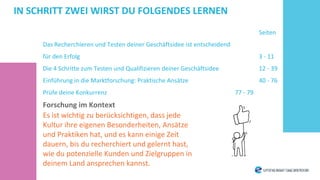 Seiten
Das Recherchieren und Testen deiner Geschäftsidee ist entscheidend
für den Erfolg 3 - 11
Die 4 Schritte zum Testen und Qualifizieren deiner Geschäftsidee 12 - 39
Einführung in die Marktforschung: Praktische Ansätze 40 - 76
Prüfe deine Konkurrenz 77 - 79
Forschung im Kontext
Es ist wichtig zu berücksichtigen, dass jede
Kultur ihre eigenen Besonderheiten, Ansätze
und Praktiken hat, und es kann einige Zeit
dauern, bis du recherchiert und gelernt hast,
wie du potenzielle Kunden und Zielgruppen in
deinem Land ansprechen kannst.
IN SCHRITT ZWEI WIRST DU FOLGENDES LERNEN
 