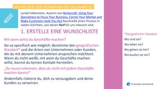 1. ERSTELLE EINE WUNSCHLISTE
Mit wem willst du Geschäfte machen?
Sei so spezifisch wie möglich: Bestimme den geografischen
Standort* und die Arten von Unternehmen oder Kunden,
die du mit deinem Unternehmen ansprechen möchtest.
Wenn du nicht weißt, mit wem du Geschäfte machen
willst, kannst du keinen Kontakt herstellen.
„Du musst erkennen, dass du nicht mit jedem Geschäfte
machen kannst“
Andernfalls riskierst du, dich zu verausgaben und deine
Kunden zu verwirren.
*Geografischer Standort
Wo sind sie?
Wo leben sie?
Wo gehen sie hin?
Wo kaufen sie ein?
DER PROZESS ZUR DEFINITION DES ZIELMARKTES
Lynda Falkenstein, Autorin von Nichecraft: Using Your
Specialness to Focus Your Business, Corner Your Market and
Make Customers Seek You Out beschreibt einen Prozess in
sieben Schritten, von denen fünf für uns relevant sind:
 