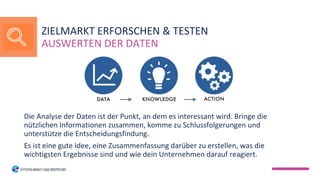 Die Analyse der Daten ist der Punkt, an dem es interessant wird. Bringe die
nützlichen Informationen zusammen, komme zu Schlussfolgerungen und
unterstütze die Entscheidungsfindung.
Es ist eine gute Idee, eine Zusammenfassung darüber zu erstellen, was die
wichtigsten Ergebnisse sind und wie dein Unternehmen darauf reagiert.
ZIELMARKT ERFORSCHEN & TESTEN
AUSWERTEN DER DATEN
 