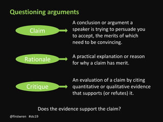 Critique
Claim
A practical explanation or reason
for why a claim has merit.
An evaluation of a claim by citing
quantitative or qualitative evidence
that supports (or refutes) it.
A conclusion or argument a
speaker is trying to persuade you
to accept, the merits of which
need to be convincing.
Rationale
Does the evidence support the claim?
Questioning arguments
@firstwren #stc19
 