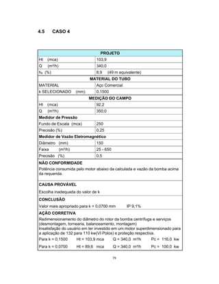 79
4.5 CASO 4
PROJETO
Ht (mca) 103,9
Q (m³/h) 340,0
hfl (%) 8,9 (49 m equivalente)
MATERIAL DO TUBO
MATERIAL Aço Comercial
k SELECIONADO (mm) 0,1500
MEDIÇÃO DO CAMPO
Ht (mca) 92,2
Q (m³/h) 350,0
Medidor de Pressão
Fundo de Escala (mca) 250
Precisão (%) 0,25
Medidor de Vazão Eletromagnético
Diâmetro (mm) 150
Faixa (m³/h) 25 - 650
Precisão (%) 0,5
NÃO CONFORMIDADE
Potência consumida pelo motor abaixo da calculada e vazão da bomba acima
da requerida.
CAUSA PROVÁVEL
Escolha inadequada do valor de k
CONCLUSÃO
Valor mais apropriado para k = 0,0700 mm IP 9,1%
AÇÃO CORRETIVA
Redimensionamento do diâmetro do rotor da bomba centrífuga e serviços
(desmontagem, tornearia, balanceamento, montagem)
Insatisfação do usuário em ter investido em um motor superdimensionado para
a aplicação de 132 para 110 kw(VI Polos) e proteção respectiva.
Para k = 0,1500 Ht = 103,9 mca Q = 340,0 m³/h Pc = 116,0 kw
Para k = 0,0700 Ht = 89,6 mca Q = 340,0 m³/h Pc = 100,0 kw
 