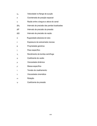 xxix
us Velocidade no flange de sucção
x Coordenada de posição espacial
  Razão entre a largura e altura do canal
Δhfl  Intervalo de precisão das perdas localizadas
ΔP  Intervalo de precisão da pressão
ΔQ  Intervalo de precisão da vazão
 Rugosidade absoluta do tubo
  Espessura da subcamada viscosa
  Propriedade genérica   
  Peso específico
  Rendimento da bomba centrífuga
  Coeficiente de vazão
  Viscosidade dinâmica
  Massa específica
  Tensão de cisalhamento
  Viscosidade cinemática
  Rotação
  Coeficiente de pressão
 